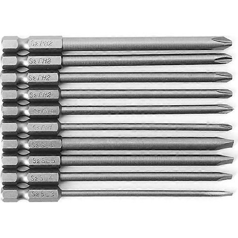 Lot de 10 embouts de tournevis magnétiques PH2 à fente, acier S2, tige hexagonale 1/4", 100 mm (1/5)