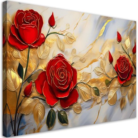 Tableau déco Roses Fleurs d'or Fond marbré 100x70 (1/5)