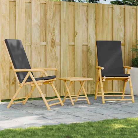 3-tlg. Bistro-Set Klappbar mit Dunkelgrauen Kissen Bambus (1/5)