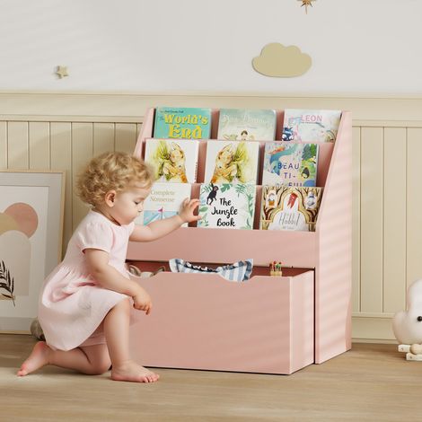 Bibliothèque pour enfants Multi-Rangement avec 3 niveaux d'étagères et un tiroir, 62,5L x 30l x 70H cm, rose (1/5)