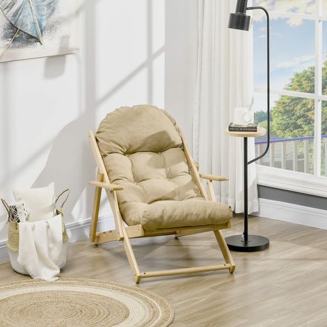 Poltrona relax in legno pieghevole e reclinabile, comoda poltrona con spesso cuscino imbottito - 71 x 89 x 96 cm, marrone chiaro