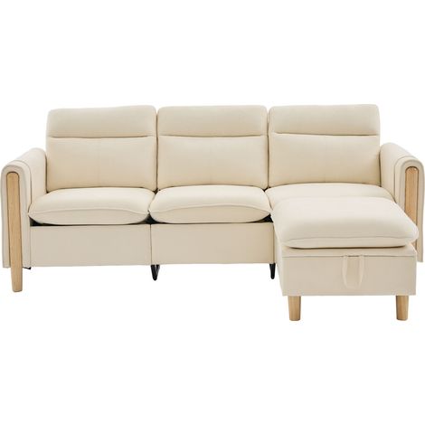 Sofá en L de 3 plazas en chenilla beige con puf almacenaje y bolsillos laterales, patas de madera (1/5)