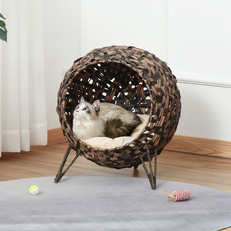 Maison pour chat en rotin avec coussin, lit pour chat, niche pour chat avec pieds surélevés, marron, Ø52 x 58 cm