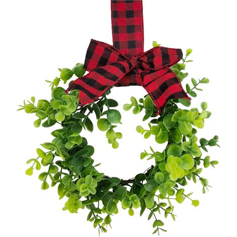 Mini-Weihnachtskranz aus künstlichen grünen Blättern, Küchenschrankkranz für Fenster, Tisch, TV-Schrankdekoration mit schwarz-rot karierter Schleife (1/2)