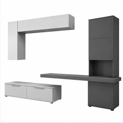 Parete Attrezzata Soggiorno Con Colonna 2 Cestoni 2 Pensili E Mensola Mobile TV Design Contemporaneo Salvaspazio Living  207.2 x 280 x 49.6 Cm Colore Grigio Chiaro E Grafite