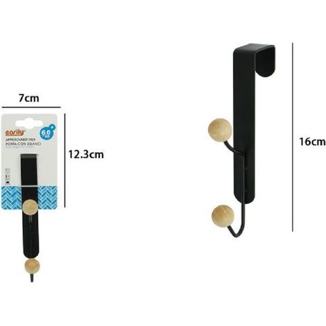 TrAdE Shop Traesio - Appendiabiti Appendino Da Porta Metallo Nero Palline Legno 2 Posti Ganci 79558 -