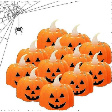 Bougies chauffe-plat citrouille d'Halloween, lot de 12 bougies sans flamme, bougies LED orange pour décorations de fête d'Halloween et de Thanksgiving (1/5)