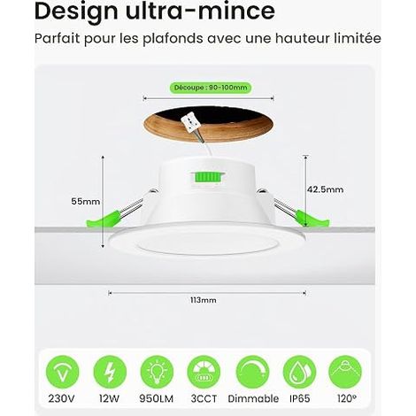 ALUSSO Spot LED Encastrable,12W Spot Led Dimmable 230V IP65, 3000K 4000K 5700K Réglables, Diamètre 113 mm,Diamètre du Trou Φ90-105mm,Éclairage de Plafond Pour Salle de Bain Salon, Blanc (1/4)