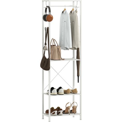 Wandkleiderständer mit Kleiderstange, 4 Haken und Ablage, Maße 52 x 30 x 180 cm, weiß