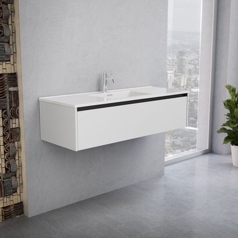 Inda - Badezimmerschrank 1 Schublade B.120 mit glänzendem Waschbecken / Mattweiß - Smeraldo (1/5)