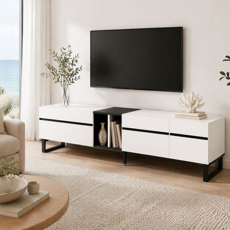 Mueble TV 180x38x45 cm blanco con 2 puertas y hueco abierto sin tirador (1/5)