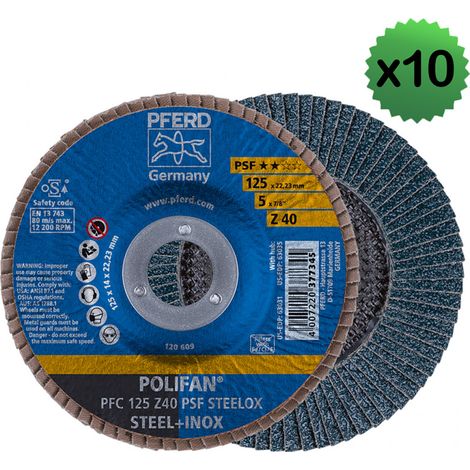Lot de 10 Disques à lamelles PSF Z conique PFERD - Ø mm: 125 - Ep. mm: 14 - Grain: 80 (1/3)