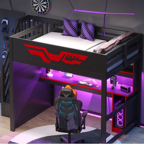 Lit mezzanine 140/200 cm noir et rouge avec bureau, escalier de rangement et LED (1/5)