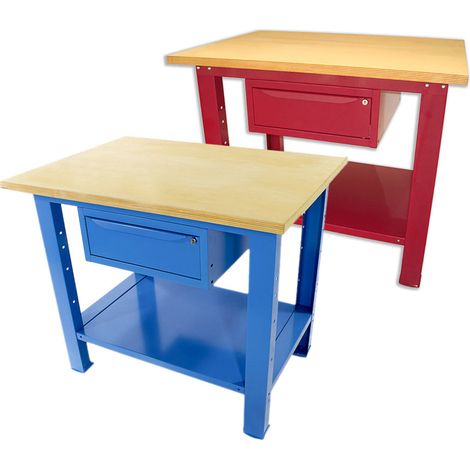 Banco da lavoro SOGI 1 metro con piano in legno portata 1000 kg + 1 cassetto - blu/rosso, ColoreRosso (1/5)