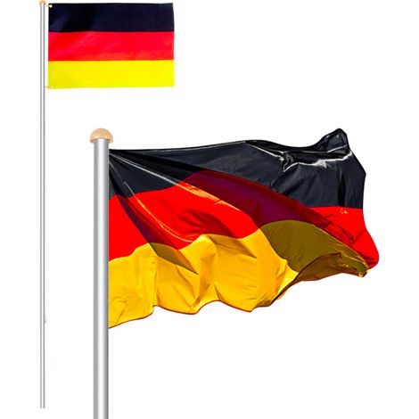 Randaco Mástil estable de aluminio de 6,5 m con bandera alemana de 150 x 80 cm, manguito de suelo de 50 cm (1/4)