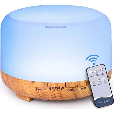Diffuseur d'huiles essentielles 500 ml – Grain de bois jaune – 7 lumières LED – Brume froide pour grande pièce – Télécommande incluse (1/5)