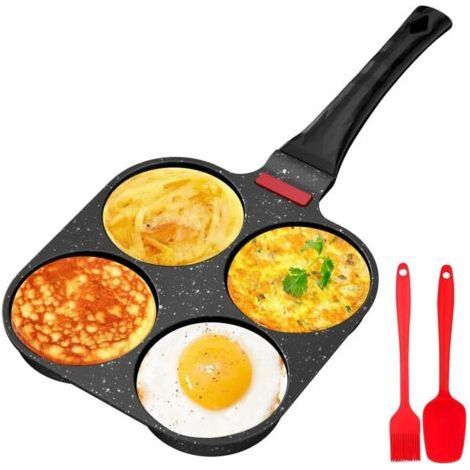 poele a pancakes, antiadhésive en aluminium pour poêle à pancake à 4 trous, appareil pancake avec Brosse à Huile de Silicone, pour petit-déjeuner oeuf, pour Cuisinière à Gaz (Noir)