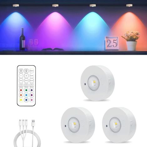 Eclairage D'armoire, Sans Fil LED Rechargeable Aimantée, 3 Températures de Couleur + 9 RGB Lumiere LED Vitrine, Dimmable Lampe de Placard pour Vitrine, Armoire, Cuisine[3 pièces] [Classe énergétique D (1/4)