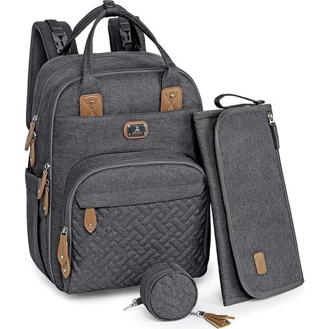 Sac à dos à langer, grand sac à dos multifonction avec matelas à langer portable, porte-tétine et sangles de poussette, pour maman et papa (gris foncé) (1/5)