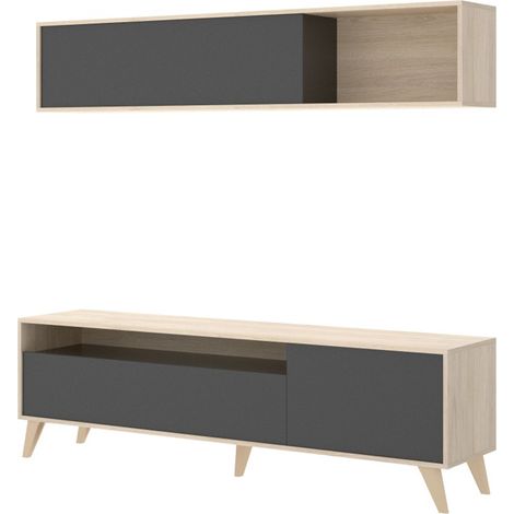 Meuble TV + étagère murale coloris Chêne naturel / Graphite - Longueur 180 x Hauteur 180 x Profondeur 41 cm -PEGANE- (1/5)