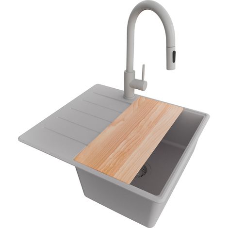 PRIMAGRAN Evier Cuisine en Granit 55x50cm, Lavabo 1 bac + Robinet 40x20cm + Kit de Vidage + Accessoire, Évier à Encastrer au meuble 40cm - Copenhague, Gris (1/5)