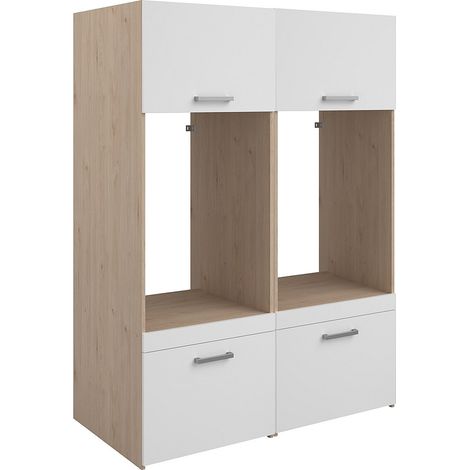 Vente-Unique – Meuble machine à laver 2 emplacements – Naturel clair et blanc – L128 x H184 cm – Panneau de particule mélaminé éco-responsable