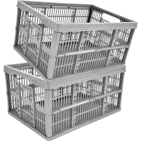10 x Grey 32L Plastic Folding Veg Crate Boxes With Handles Collapsible, Foldable & Stackable