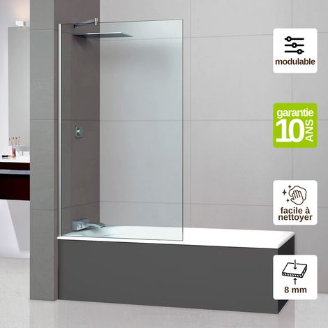 Pare-baignoire Fixe en Verre Trempé 8 mm Transparent Anti-calcaire - L110H147 cm - profilé chromé - Mont Blanc CC SUPERBAN (1/4)