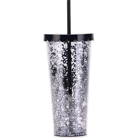 Gobelet Double Paroi - 700 ml - Avec Couvercle Et Paille Réutilisable - Transparent À Paillettes - Argent Violet Vert Noir (1/5)