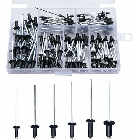 120-Piece Black Aluminum Blind Rivets – Assortment M2.4 to M4.0 – For Metal Fastening – Storage Box Included (1/5)