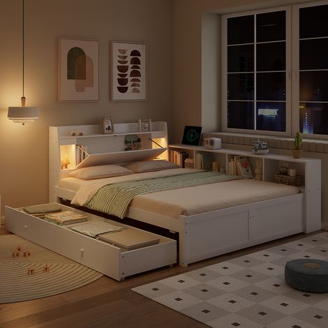 Lit simple d'enfant blanc (140x200 cm) , compartiments de rangement, 2 lampes et port de recharge intégrés (1/5)