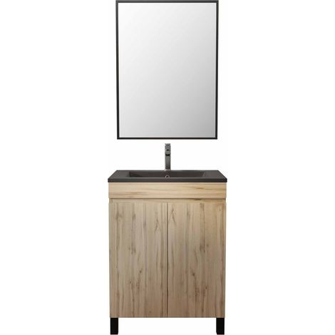 meuble salle de bains 60cm décor chene naturel 2 portes - vasque noire et miroir - timber — vue 3