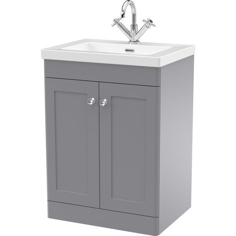 Swynnerton Traditional 2 Door Floor Standing Vanity Unit with Fireclay Basin, Satin Grey, 600mm (1/4)