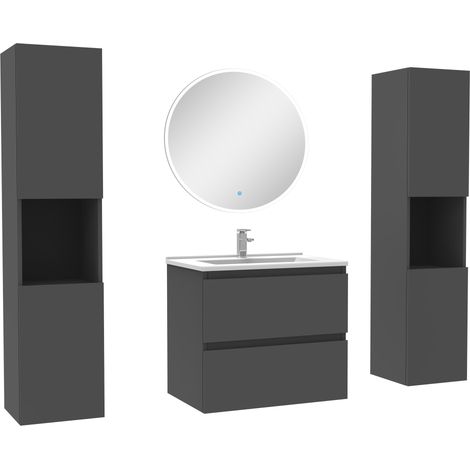 Ensemble meubles Salle de Bain avec colonne et miroir rond mural 60cm meuble Anthracite