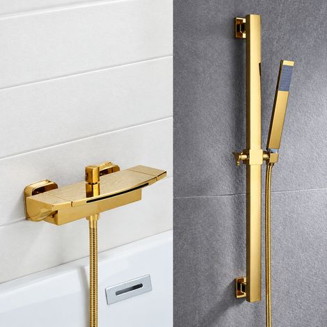 Robinet mitigeur de baignoire cascade mural doré avec barre réglable en laiton avec douchette 4 kg – Livraison gratuite (1/5)