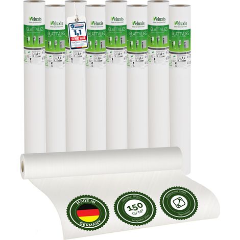 Veluxis® Papier peint intissé lisse de qualité supérieure, utilisable comme sous-couche et pour la peinture – peignable, pontant les fissures, indéformable (lot de 8 pièces blanc, 25,00 m x 1 m - 150