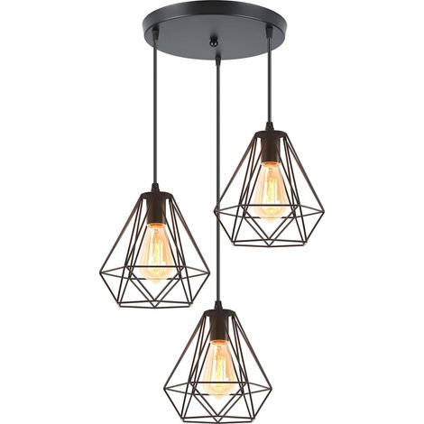 3 Lampes Suspension Luminaire Vintage, 20cm Lustre Industriel E27 Luminaire Abat-jour en Métal en Forme Dimant de Cage Plafonnier pour Salon, Salle à Manger, Cuisine (3 Lumières, Rond, Noir) (1/5)