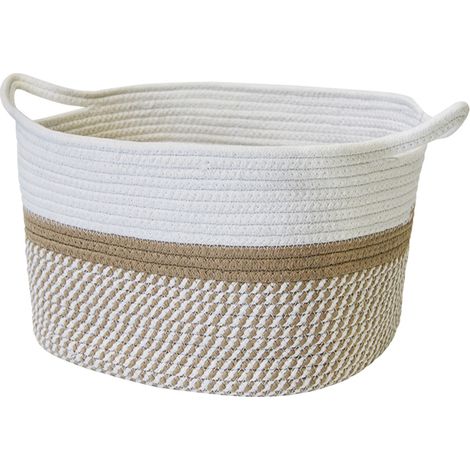 Panier de rangement poignées coton naturel et blanc 34 x 28 x 24 cm (1/5)