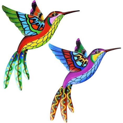 Set of 2 metal wall sculptures depicting a hummingbird, made of wrought iron, for hanging, colorful wall decoration (1/5)