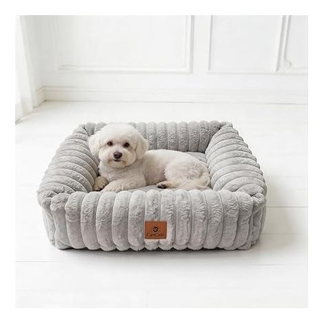 Panier Chien Rectangulaire Gris Clair – Lit Pelucheux Rempli de Coton, Bords Surélevés, Lavable, Antidérapant (1/5)