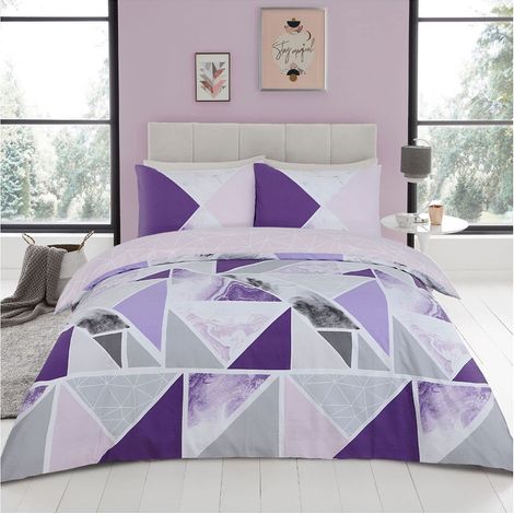 Parure de lit Double réversible en marbre métallique avec Housse de Couette Lavable Motif Triangle Violet/Gris (1/5)