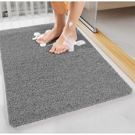 Tapis de Douche Antidérapant 60x90cm,Grand Tapis de Baignoire Carré en Luffa avec Drain,PVC Anti Moisissure Tapis de Bain,Gris (1/5)