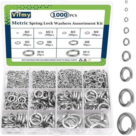Assortiment de rondelles à ressort (1000 pièces), rondelles à ressort métriques M2 M2,5 M3 M4 M5 M6 M8 M10 M12 en acier inoxydable 304 pour vis (1/5)