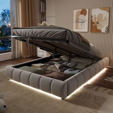 Cama dormitorio con almacenamiento LED beige 140x200 OKMYHOME (1/5)