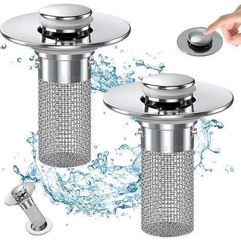 Set di 2 filtri di scarico a scomparsa per lavello, cestello filtrante in acciaio inox, raccoglitore di capelli, tappo di scarico di ricambio. (1/4)