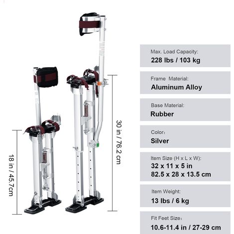 Mophorn Verstellbare Aluminium-Trockenbaustelzen – 18''-30'' mit Knieschützern, rutschfest zum Streichen, Abkleben, Silber
