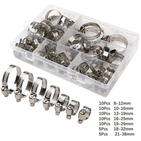 60 Pièces/8-38 mm,Collier de Serrage Réglables, Tuyau Clips, Colliers de Serrage en Acier Inoxydable, Pinces de Tuyau pour Tube A'automobiles, Piscine (1/4)