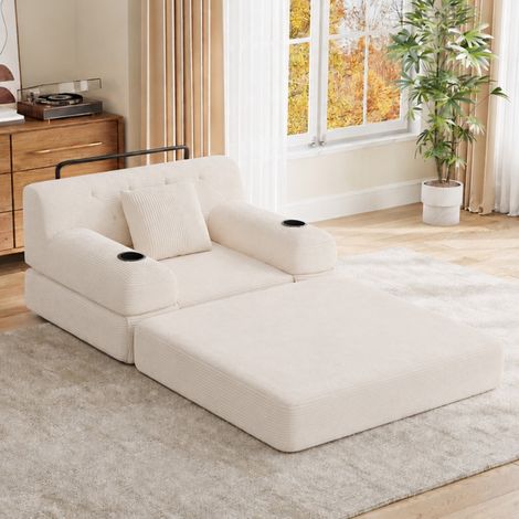 Sofá cama de 1 plaza (107x80x81 cm), convertible en cama, respaldo alto, con 4 bolsillos y 2 portavasos, tejido corduroy beige (1/5)