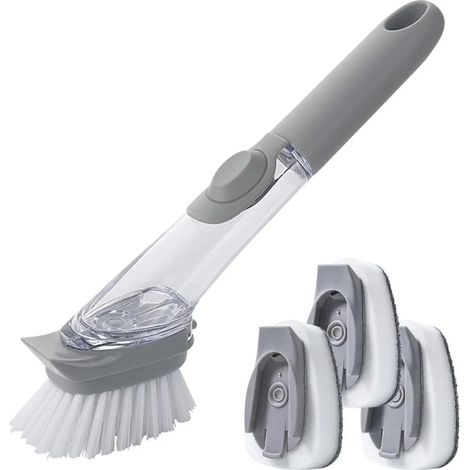 3 in 1 Spülbürste mit Spülmittelspender, Abwaschbürste Schwammbürste mit integriertem Schaber mit 3 Spülschwämmen, Silikon-Druckknopf für zuverlässige Abdichtung (1/4)