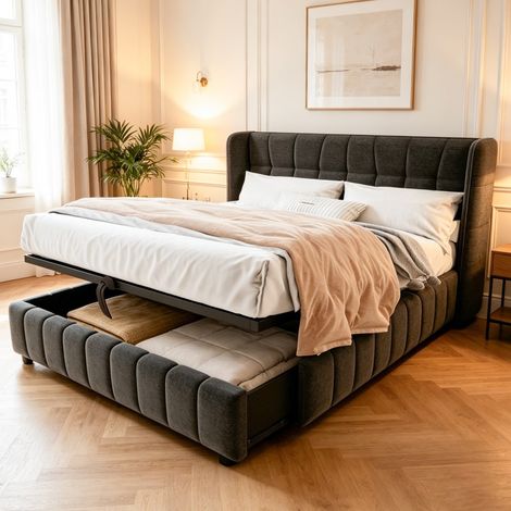 Bett 180x200 cm – Bett mit Stauraum 180x200 – Lattenrost inklusive – Pneumatischer Stauraum – Modern – Grauer Leinenstoff